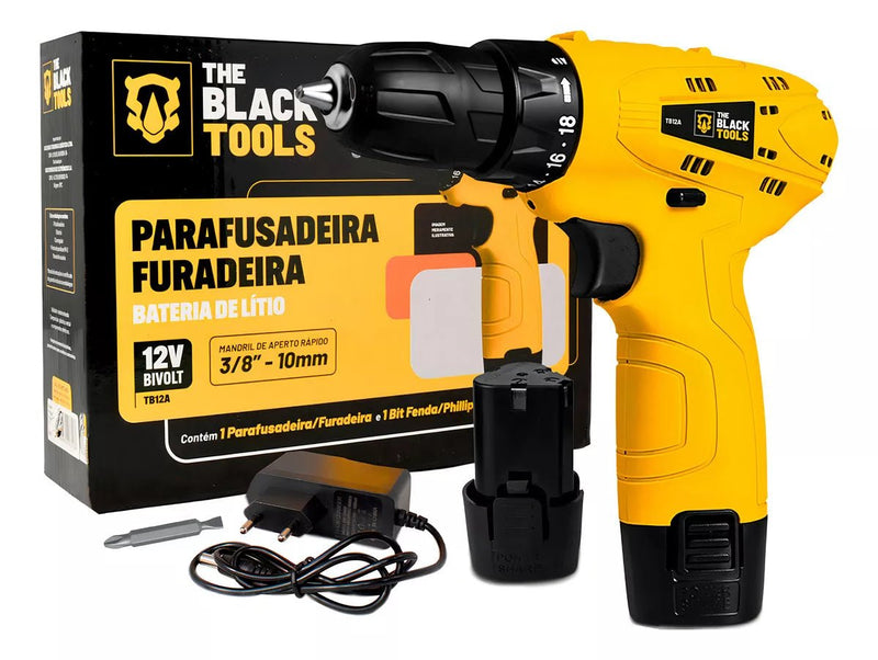 Parafusadeira Furadeira The Black Tools TB12A 3/8 Bivolt a Bateria 12v Cor Amarelo Frequência 60Hz - Prestigio Shop