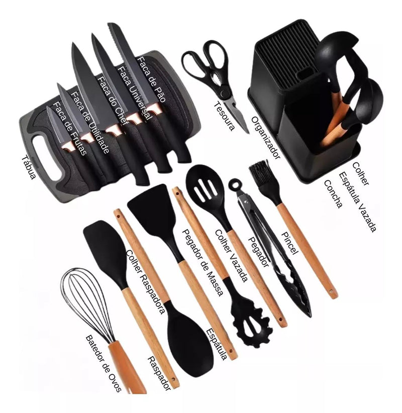 Completo Jogo Utensílios De Cozinha Luxo 19 Peças Com Tábua - Prestigio Shop