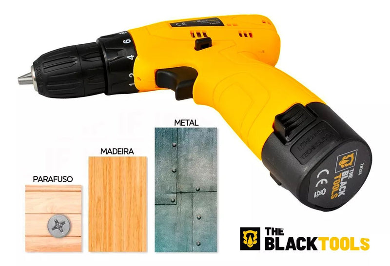 Parafusadeira Furadeira The Black Tools TB12A 3/8 Bivolt a Bateria 12v Cor Amarelo Frequência 60Hz - Prestigio Shop