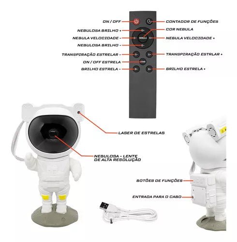 Luminária Astronauta Projetor Luz Noturna Galáxia Estrelas Cor da estrutura Branco - Prestigio Shop