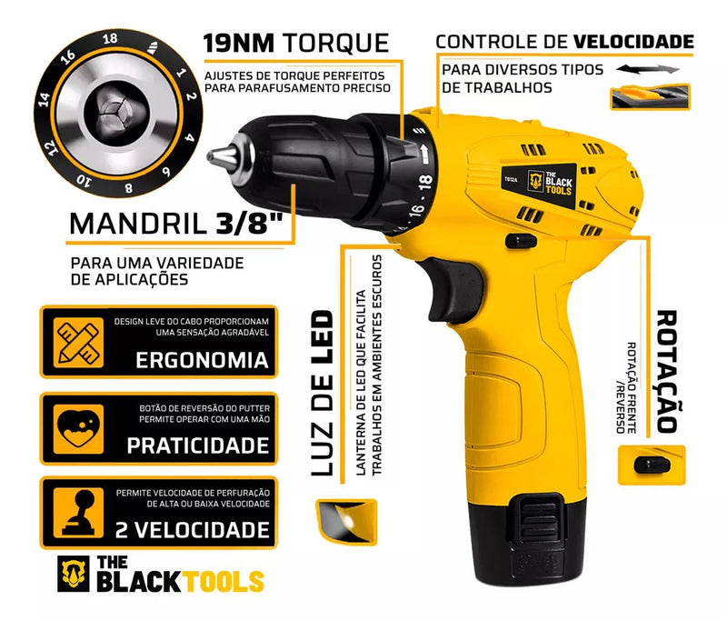 Parafusadeira Furadeira The Black Tools TB12A 3/8 Bivolt a Bateria 12v Cor Amarelo Frequência 60Hz - Prestigio Shop