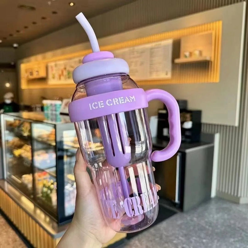 Garrafa de água plástica de grande capacidade, 1300ml, fofa, portátil, copo de plástico para crianças, à prova de vazamento com canudo, copo de água esportivo, verão - Prestigio Shop