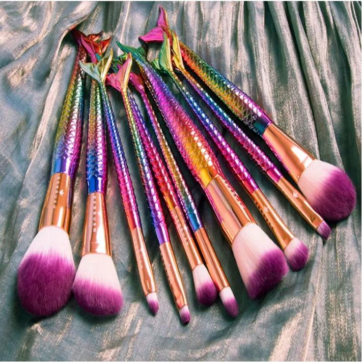 Kit 10 Pincel Sereia Unicórnio Com Estojo Lindo Maquiagem Para Base Blush E Sombra De Olhos Cerdas Macias - Prestigio Shop